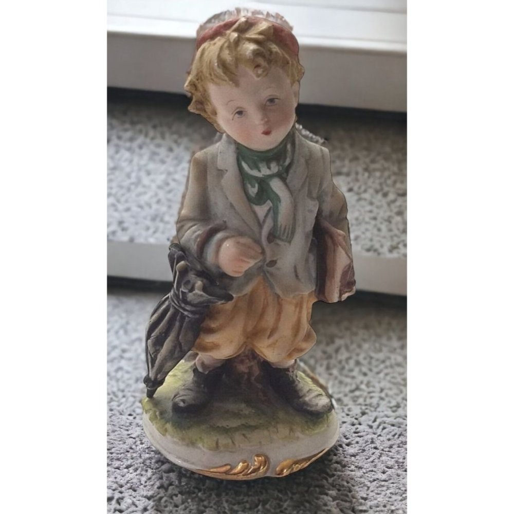 Lefton China Little Boy Figurine KW2292 Rainy School Days Japan Vintage